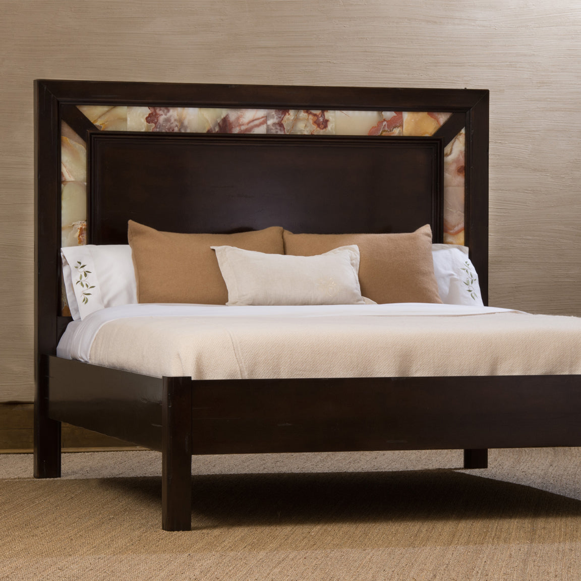 David Bed Alder Ebony Finish Onyx Frame Interchangeable Wood-Fabric Stone Headboard