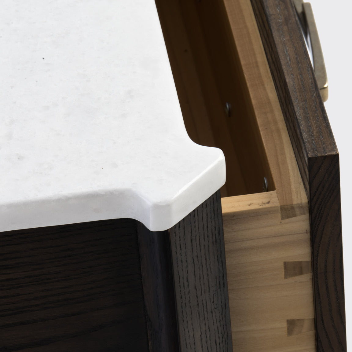 Makenzie Nightstand Ash, Jacobean Finish, White Quartz Top, Rocky Mountain Hardware, Soft Close, Dovetail Joints